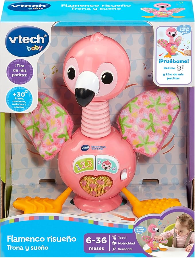 VTech -Baby Flamenco Laughing High Chair and Sleep, Toy for Babies from 6 Months, Interactive Buttons and Suction Base, ESP Version