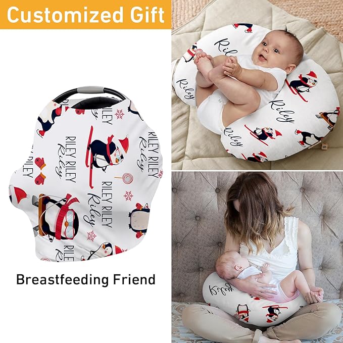 Personalised Car Seat Cover for Babies - Multi-use Carseat Canopy Cover Red Penguin Print with Name, Car Seat Covers, Christmas Birthday Gifts for Infant Boys and Girls(27"x29")