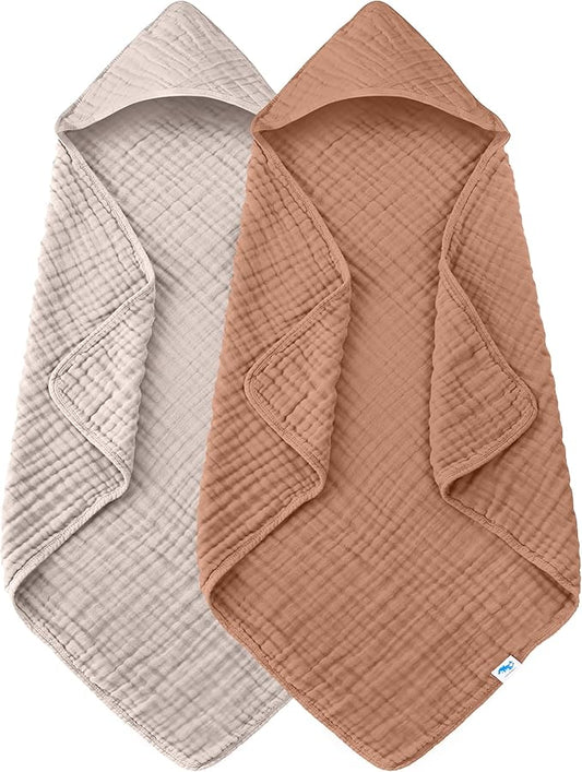 SWEET DOLPHIN Muslin Hooded Baby Bath Towels - 2 Pack 100% Cotton Towel for Babies, Infants, Toddlers - 32x32Inch - Highly Absorbent and Newborn Essential, Light Bean Paste