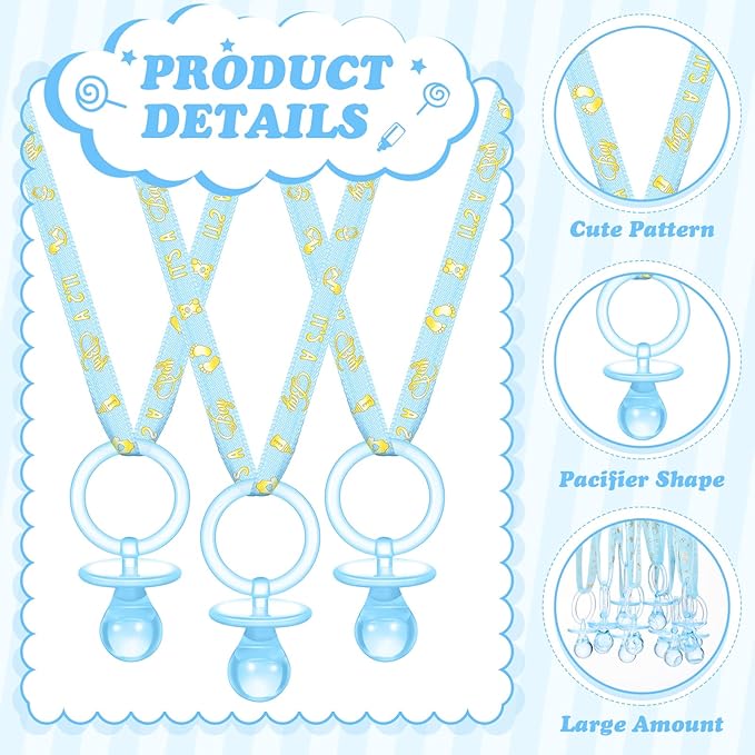Geiserailie 36 Pcs Baby Shower Pacifiers Necklace Boy Blue Acrylic Pacifiers Necklace Party Favors for Boys Chupones para Baby Shower Gender Reveal Party Decorations Table Scatter