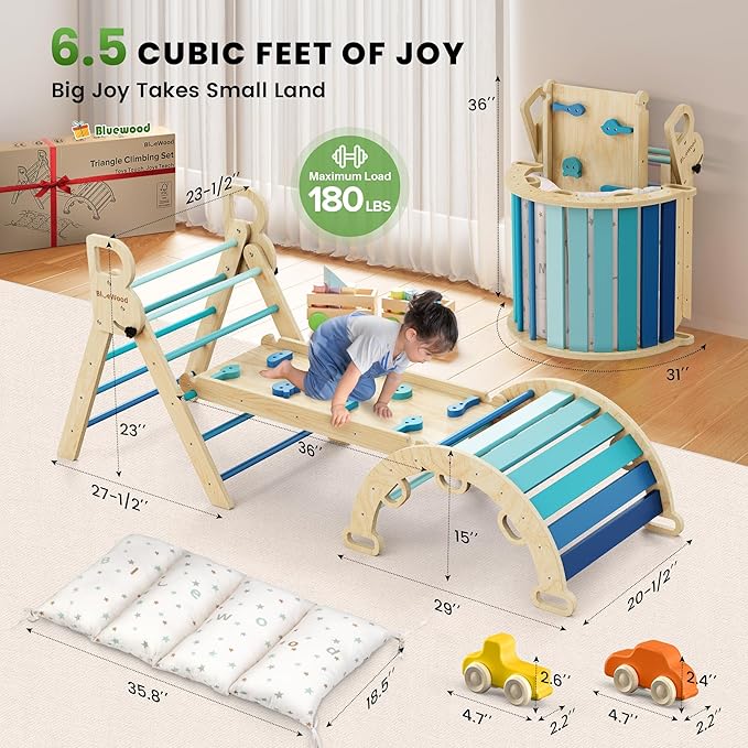 BlueWood Pikler Triangle Set with Cushion - Climbing Toys for Toddlers 9-in-1, Montessori Philosophy Play Jungle Gym with Arch, Ramp, Ladder (Blue)