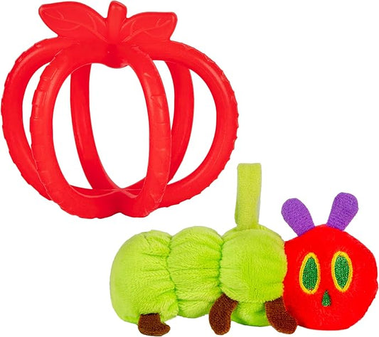 Kids Preferred Eric Carle Toddler Toys The Very Hungry Caterpillar Stuffed Animal Rattle and Red Apple Silicone Teether Newborn Baby Teething Toys Set