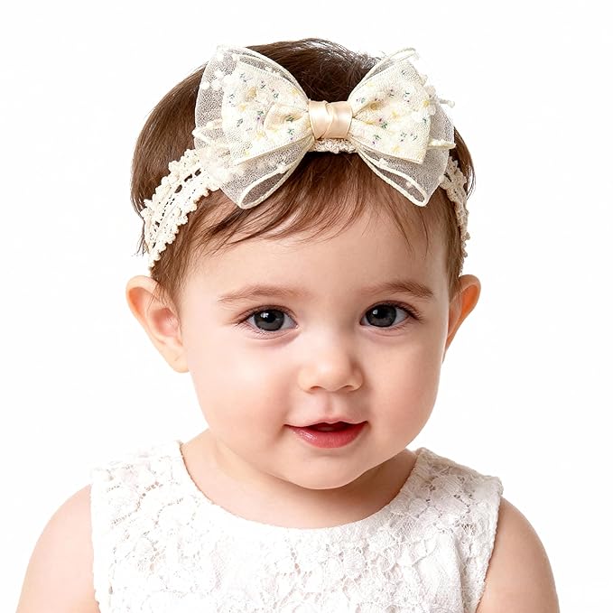 Handmade Baby Girl Headbands in Beige Baby Bows and Floral Lace Headband Bows for Newborns and Toddlers Cute Baby Girl Bows and Newborn Headband Bows