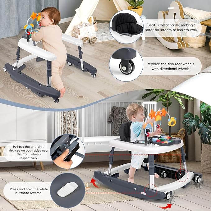 5 in 1 Baby Walker Foldable Music and Lights with 5 Adjustable Heights, Baby Walker with Wheels Portable, Infant Toddler Walker for Baby Boy Girls 6-18 Months (D-Grey)