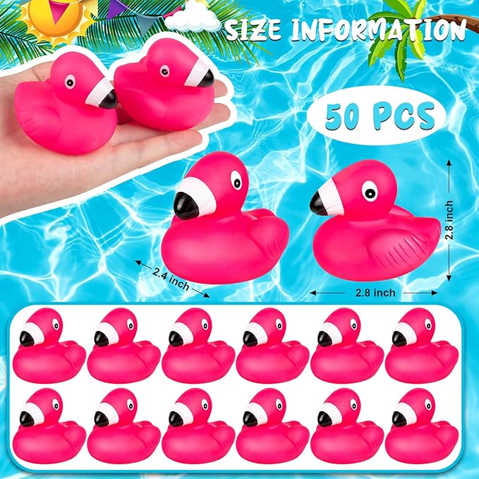 Flamingo Rubber Duckies for Kids, 50PCS Pink Flamingo Duck Bath Toys Cute Floating Squeaky Mini Rubber Ducks for Baby Shower, Cake Decoration, Classroom Carnival Prizes