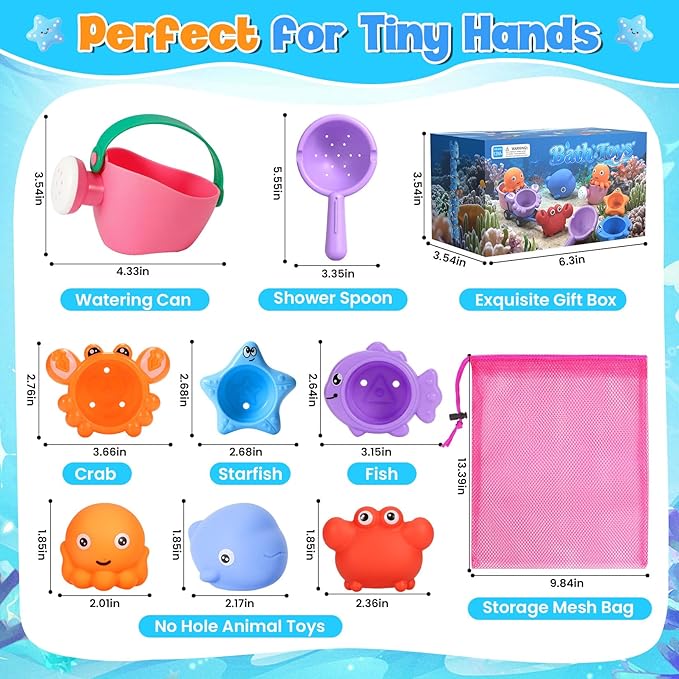 9 PCS Baby Bath Toys for Kids Ages 1-3, Mold Free Toddler Bath Toys for 2-4 with 3 No Hole Ocean Sea Animals and Storage Bag, Bathtub Beach Sand Water Table Toys for 1 2 3 Years Old Girls Boys Gifts