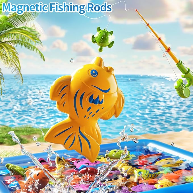PEADUCK Magnetic Fishing Game Pool Toys Set for Kids 3-5, Water Table Bathtub Toys with Inflatable Pool Pole Rod Net Plastic Floating Fish, Outdoor Toys for Kids Boys Girls Age 3 4 5 6 7 8 Year Old