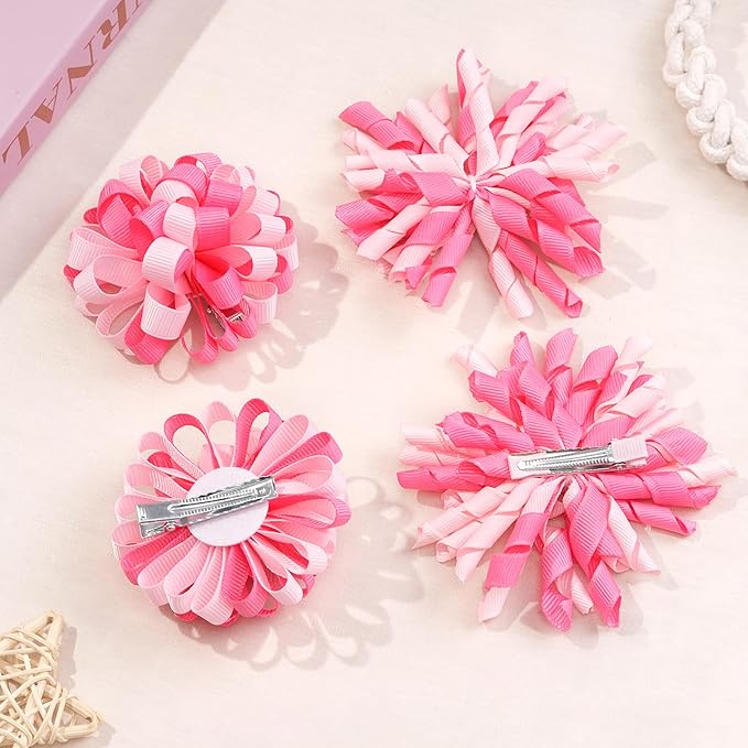 Yxiang Korker Cheer Bows Hair Clips Girls 4pcs Cute Pink & White Curly Corker Ribbon Alligator Barrettes Hair Accessories Kids Toddler Birthday Gift