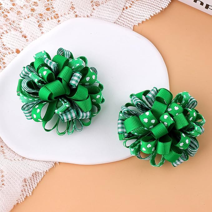 St Patricks Day Korker Hair Bow Clip 3'' Irish Green Shamrock Curly Corker Fireworks Alligator Barrette Toddler Baby Girls Kids Pattys Christmas Holiday Favor Gift Accessories