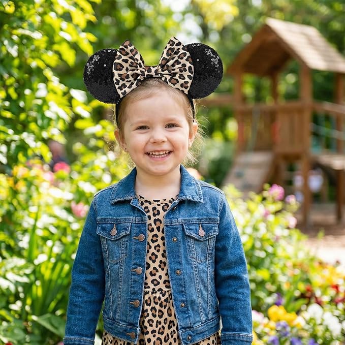 Adjustable Mouse Ears Hair Bow Headband, Cheeath Leopard Printed Elastic Hairband for Toddlers Baby Girls
