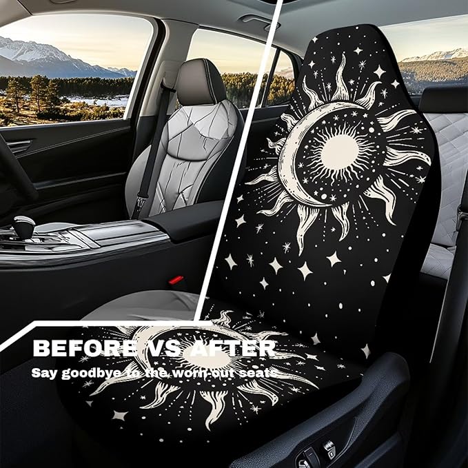 Gothic Sun Moon Car Seat Covers 2 Pcs, Waterproof Universal Front Seat Protector, Easy to Install Automobile Interior Decorate Accessories Universal Fit for Car SUV Trucks
