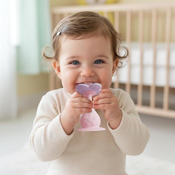 Baby Flower Teether Rattle Toy, Sensory Toy for Baby 0-24 Months, Teething Relief Chewing Toy for Infant, BPA Free Food Grade Silicone Teether (Pink)