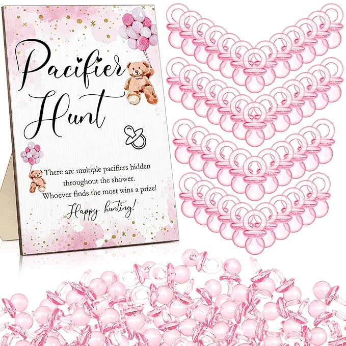 Roowest 51 Pcs Pacifier Hunt BabyShower Games Include Wooden Hunt Sign and 50 Acrylic Mini Plastic Pacifiers for BabyShower Game Decoration Gift Sets Gender Reveal Party(Bear,Pink)