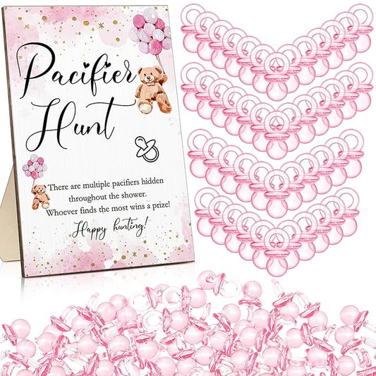 Roowest 51 Pcs Pacifier Hunt BabyShower Games Include Wooden Hunt Sign and 50 Acrylic Mini Plastic Pacifiers for BabyShower Game Decoration Gift Sets Gender Reveal Party(Bear,Pink)