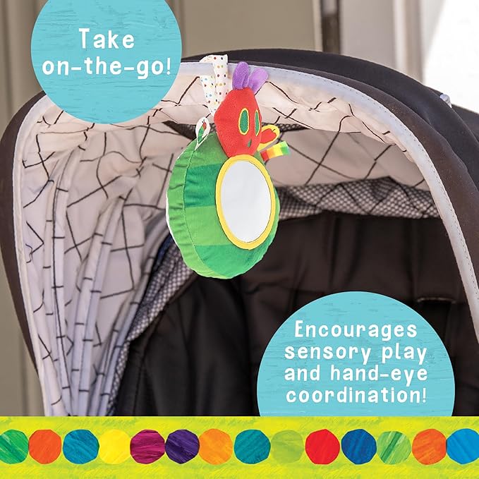 Eric Carle Very Hungry Caterpillar On-the-Go Mirror Rattle Toy – Sensory Toy with Safe Mirror, Crinkle, and Tactile Ribbons, Perfect for Stroller or Diaper Bag, Ages 0+