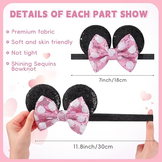 choicbaby 3 PCS Mouse Ears Sequin Bow Nylon Hairband with Polka Dot Cute Baby Headbands Soft Hairbands Hair Accessories for Newborn Infant Toddler Party Supplies