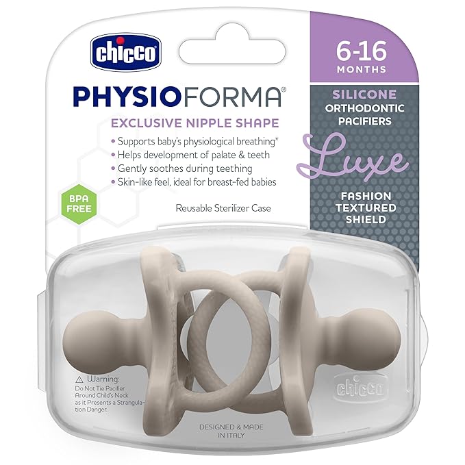 Chicco PhysioForma Luxe Orthodontic Pacifier for Babies 6-16 Months, One-Piece 100% Soft Silicone, Supports Breathing, Textured Shield & Handle, Sterilizing Case, BPA Free, 2-Pack, Grey