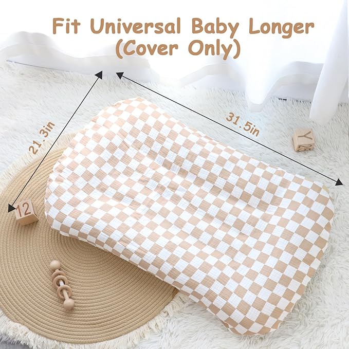 DILIMI Baby Lounger Covers, 2 Pack Muslin Newborn Lounger Cover, Soft Comfortable Removable Infant Pillow Slipcover for Girl and Boy, Beige & Brown Checkered (Lounger not Included)