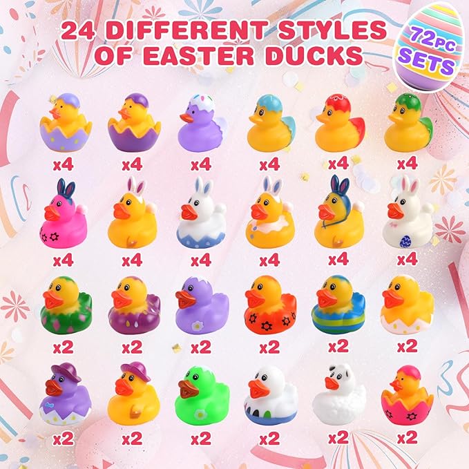 72 Pcs Easter Rubber Ducks - Easter Ducks Bag Fillers Ducking, Bathtub Toys, Party Favors, Classroom Game Prizes, Easter Decorations