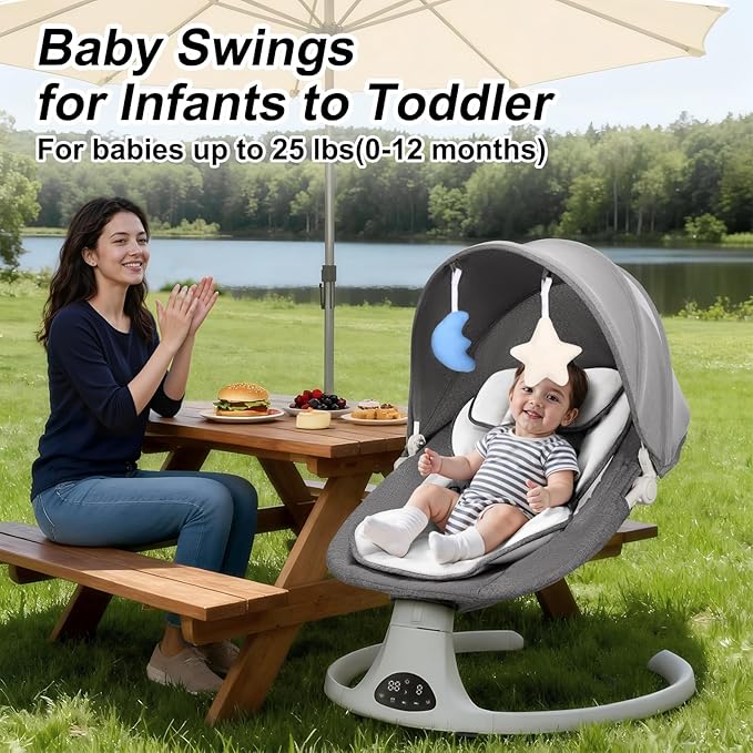 Baby Swing for Newborn to Toddler, 5 Speed Portable Infant Swing with Smart Touch Control, Remote Control, 10 Lullabies, Timer, 5 Point Harness and Soft Fabric (Grey)