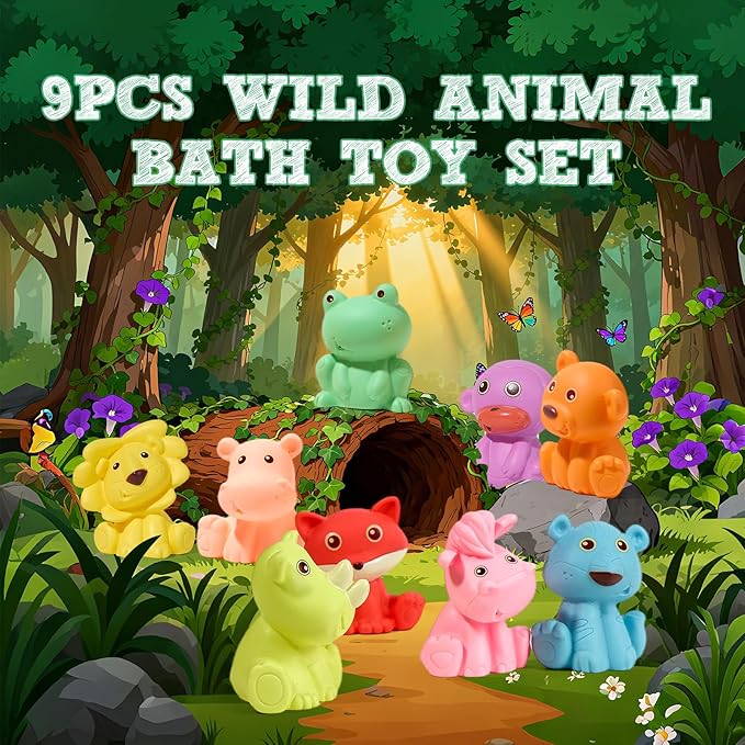 Baby Bath Toys for Babies 6-12 Months | Sealed, No Hole & Mold Free Bath Toys for Toddlers | Soft & Safe Floating Bathtub Water Pool Toys for Babies, 9 PCS Wild Animals Tub Toys