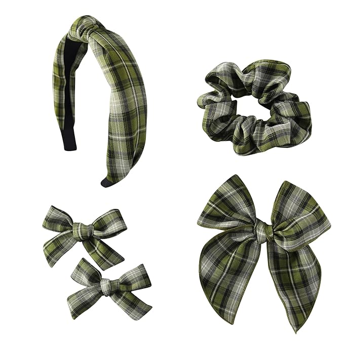 5 Pcs Striped Headband Set with Hair Knotted Scrunchies Bow, Padded Headbands for Women, Christmas Hair Bows & Clips Accessories for Girls (Green-A)