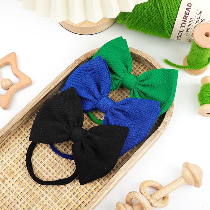 3PCS 4.5’’ Hair Bows for Baby Girls Newborn Infant Toddler Headbands Blue & Green & Black Bow of Hair Accessories Soft Girl Head Wraps