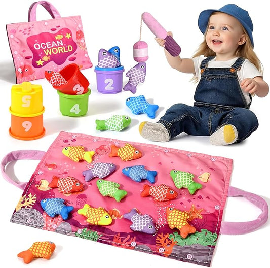 Montessori Toys for 1 Year Old - 20PCS Cloth Toddler Pink Fishing Game with Stacking Cups,Baby Color Sorting Toy 12-18 Months One Year Old Birthday Gift,Best Easter Gifts for 1-3 Year Olds