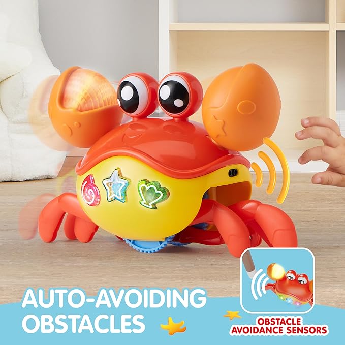 Play-Act JOVA Crawling Crab Baby Toy, Interactive Musical Crab with Intelligent Sensor & Auto-Avoiding Obstacles, Tummy Time Toy with Lights and Buttons, Gift for Toddlers Learning to Crawl