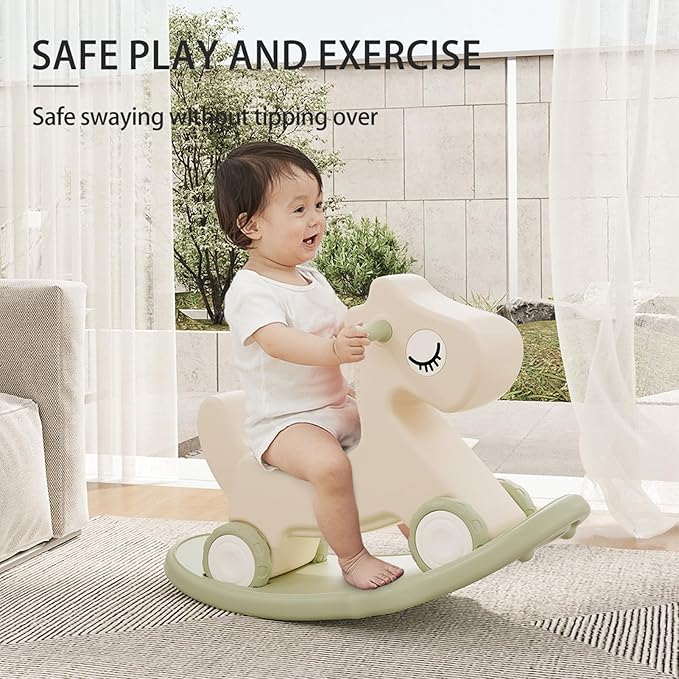 4-in-1 Rocking Horse Toy for Toddlers 1-3 | Plastic Push Walker with Balance Board & Wheels, Ride-On Rocker Gift for 1 Year Old Boys Girls(Green)