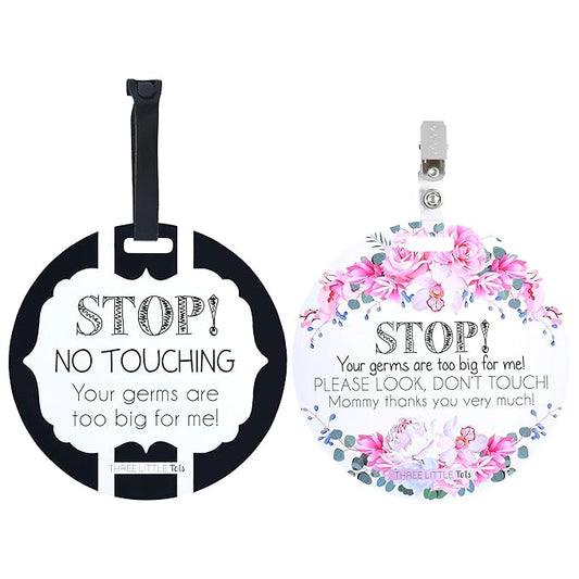 Three Little Tots Baby Safety No Touching Signs - Plastic, Small Signage (12 x 18) inch, Black, White, Minimalist Style - 2 Pack with Strap & Clip for Car Seat, Stroller, Crib, Baby Carrier