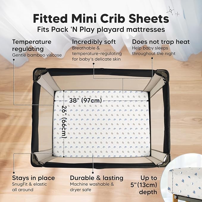 Pack and Play Sheets Fitted - 2-Pack Mini Crib Sheets for Pack N Play Mattress 38x26, Soft & Cozy, Neutral Toddler Playard Bedding, Snug Fitted Mini Baby Crib Mattress Cover Boy, Girl (Cosmo)