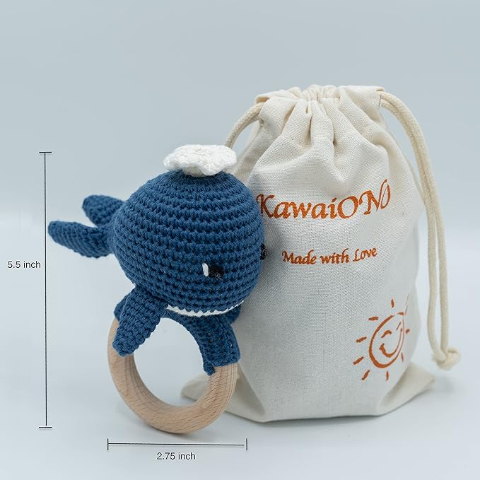 Handmade Cotton Crochet Amigurumi Rattle - Educational Baby Stuff for New Moms, Stuffed Animals for Infants, Baby Boy Stuff - Blue Whale with Wooden Handle - Perfect for Newborns and Toddlers
