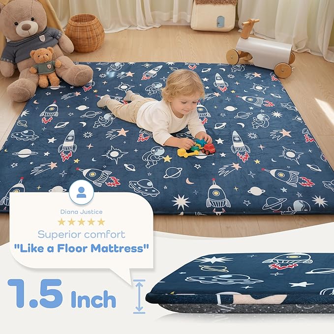 1.5" Thick Premium Baby Floor Play Mat, 71x59 Over-Sized Padded Memory Foam Mat, Tummy Time Crawling Playmat for Nursery Kids Playroom, Space Adventure