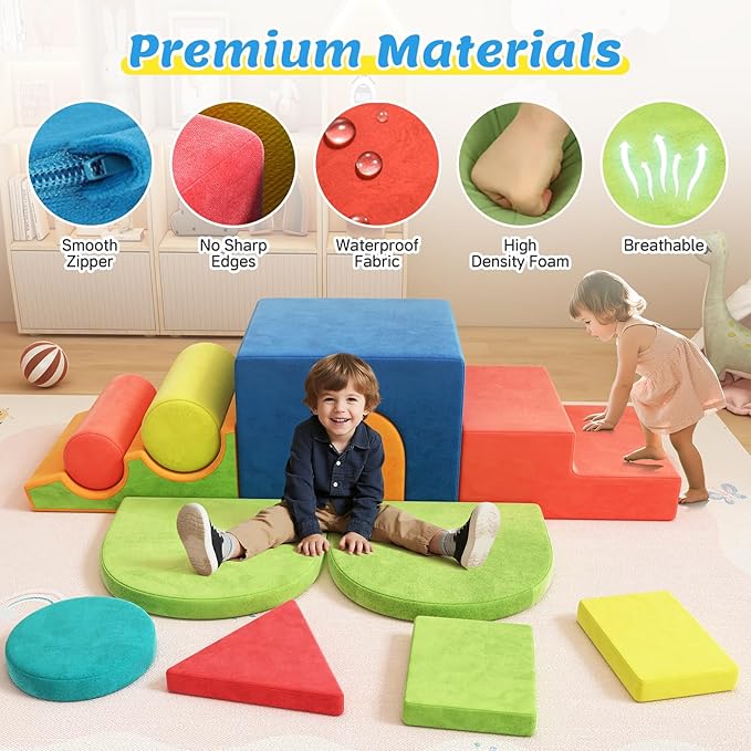 12-Piece Foam Climbing Blocks for Toddlers 1-3, Toddler Climbing Toys Indoor Soft Play Set, Kids Foam Climb Blocks with Tunnel, Steps, Rollers for Crawling, Montessori Indoor Play Gym