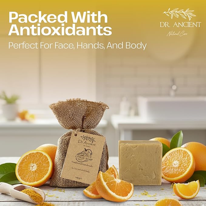 Dr.Ancient Citrus Soap Bar, Organic Soap Bars Handcrafted the Traditional Way, Natural Chemical-Free, Vegan, Used for Face Wash, Body Wash, and Hand Cleansing, Refreshing, Exfoliating