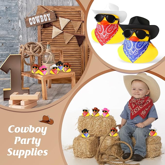 Sosation 36 Set Cowboy Rubber Duck Mini Yellow Duckies Bath Toy Tiny Ducks Bathtub Toy with Cowboy Hat Paisley Bandanas Sunglasses Dashboard Decor for Summer Baby Shower Birthday Party(Cute Style)