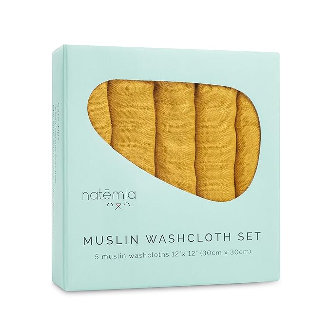 Natemia Muslin Baby Washcloths for Newborn - Premium Wash Cloths for Babies, Super Absorbent and Ultra Soft Rayon Made from Bamboo, 6 Layer Baby Girl and Baby Boy Washcloths, 5 Piece Set