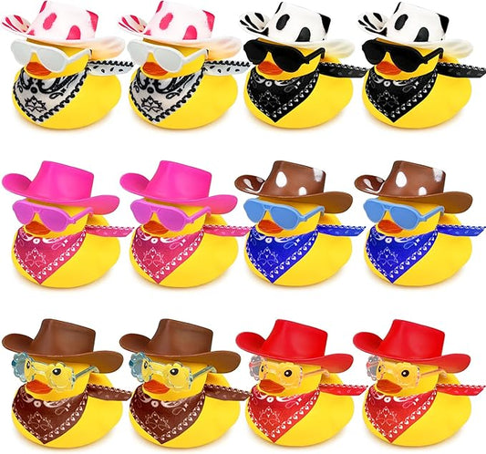 12 Sets Cowboy Ducks with Mini Hat Scarf and Sunglasses Mini Bath Duck Toys for Birthday Swimming Party Gift Favor Decorations