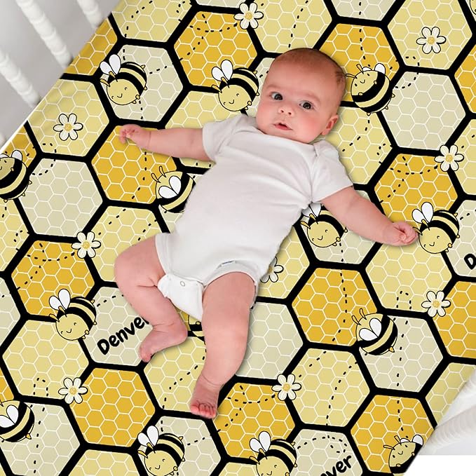 Bumble Bee Personalized Pack 'n Play Sheets - Custom Name, Soft & Breathable, Fitted Sheet for Baby Boys & Girls
