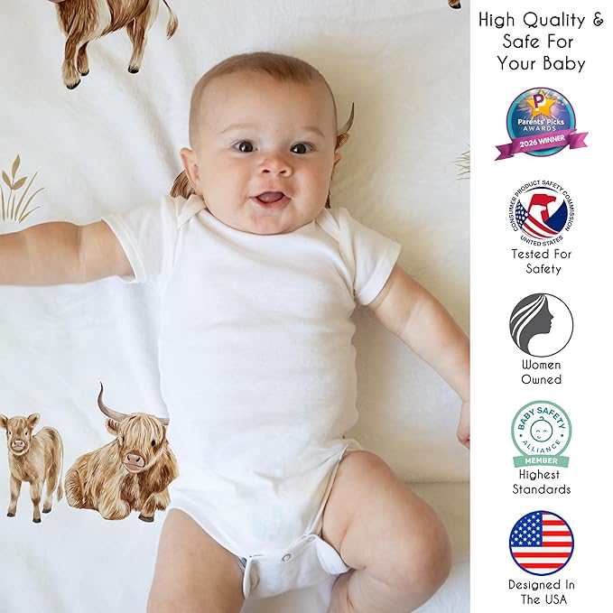 Sweet Jojo Designs Baby Play Mat (Boho Highland Cow) for Girls/Boys, Infant, Toddler Padded Floor Mat, Tummy Time Activity, Newborn Essentials Round Playmat for Babies (Farm Animal, Rustic Farmhouse)