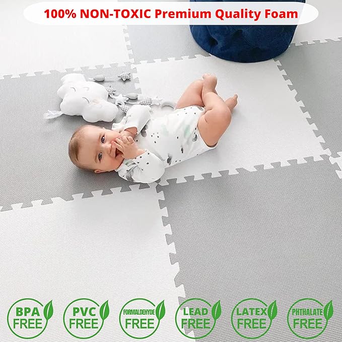 Extra Large Baby Play Mat Tiles Thick Foam Non-Toxic Floor Puzzle Mat Interlocking Activity Playmat for Infants Toddlers Kids Crawling Tummy Time 74x74 Inches (Grey/White)