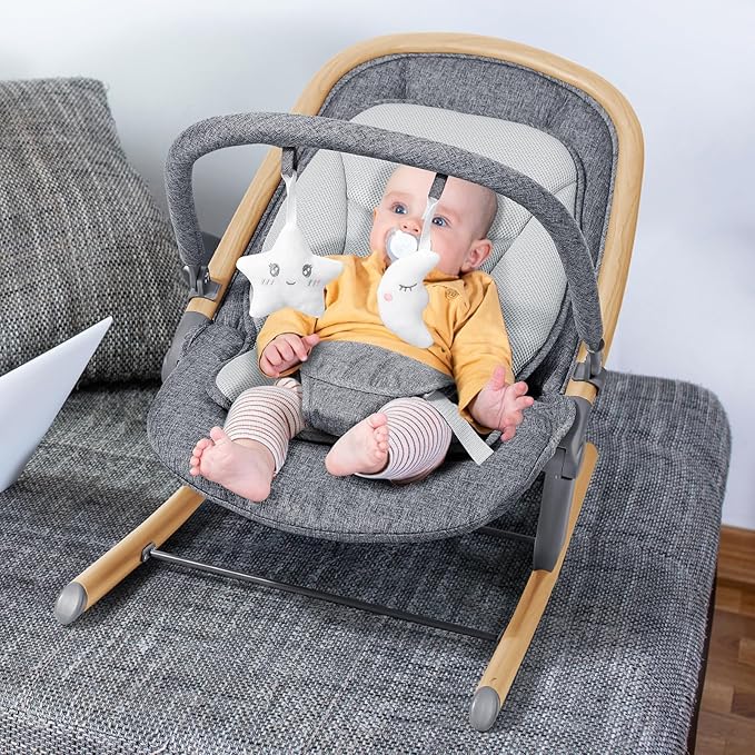 Orzbow Baby Rocker Chair & Infant to Toddler Rocker with 3 Recline Positions, Includes Removable Play Bar & Mesh Cushion, Detachable and Foldable, Fits Newborn 0-30 Months Up to 40 lbs, Wood Grain