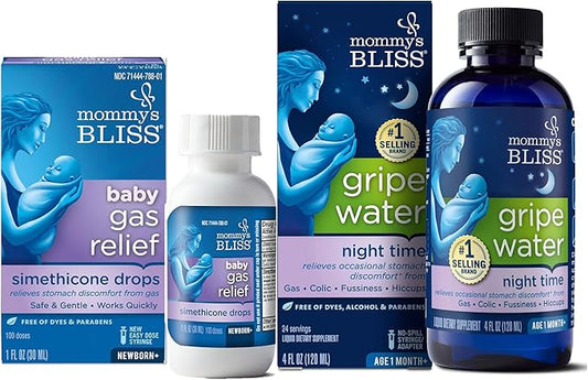 Mommy's Bliss Fast-Acting Baby Gas Relief Drops 100 Servings (Pack of 1) with Gripe Water Night Time 24 Servings (Pack of 1) for Day/Night Gas Relief
