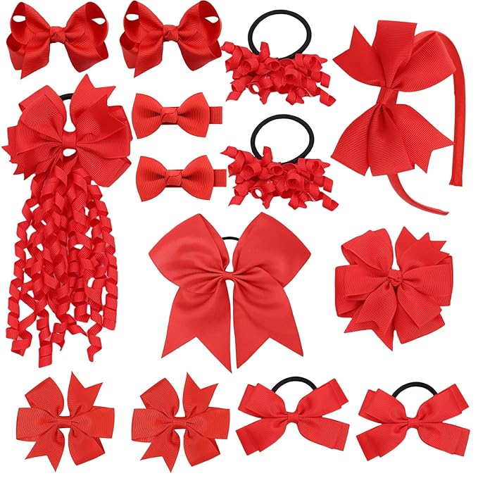 School Hair Accessories Set 14 Pcs Uniform Hair Bow Headband Clips Hair Ties Curly Korker Bows for Little Toddler School Girls (Red)