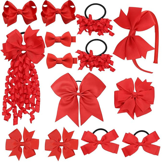 School Hair Accessories Set 14 Pcs Uniform Hair Bow Headband Clips Hair Ties Curly Korker Bows for Little Toddler School Girls (Red)