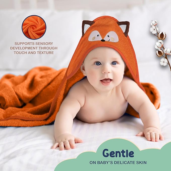 Mother's Choice 100% Organic Cotton Baby Hooded Towel – Ultra-Soft & Absorbent Baby Bath Towels for Newborn with 3D Orange Fox Design