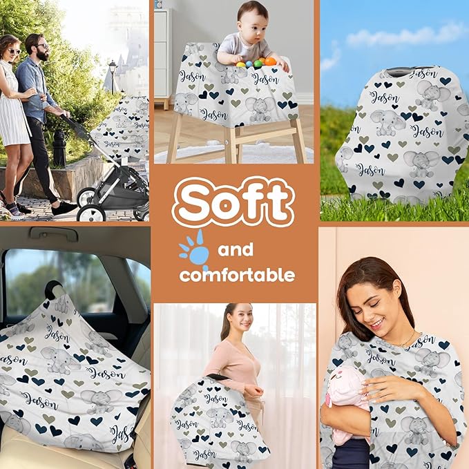 Personalized Baby Car Seat Cover Stroller Canopy: Custom Name Newborn Baby Boy Girl Elastic Elephant Love Nursing Cover for Moms First Birthday Gift Gray(one Size)