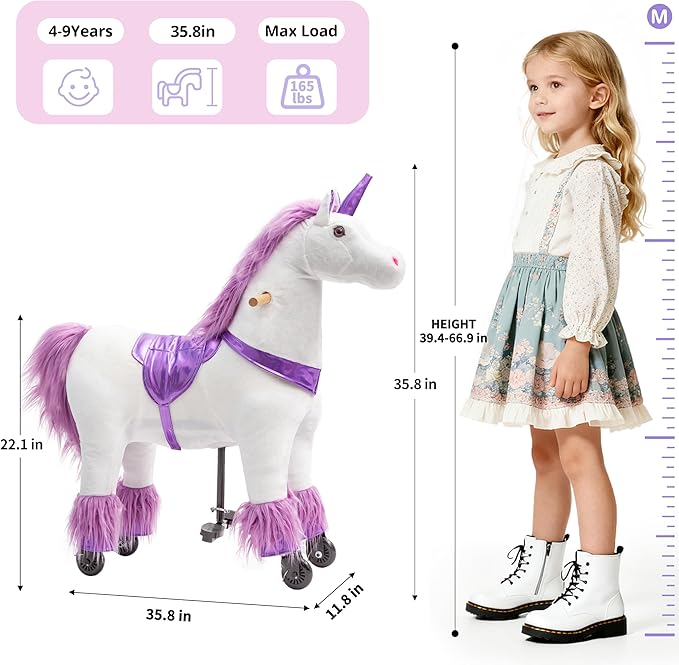 Pipleo Ride on Unicorn Toy for Kids 4 to 9 Years, Unicorn Ride on Toy, Ride on Unicorn Mechanical Plush Animal, No Battery or Electricity, Max Load 165 LBS - Purple