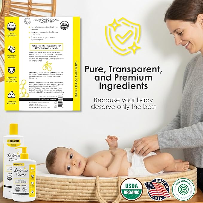 La Petite Creme French Premium Liniment Baby Lotion - Diaper Cream Alternative to Wet Wipes - Gentle Moisturizer & Skin Cleanser, USDA Certified Organic Ingredients - Newborn Essentials (8 oz)